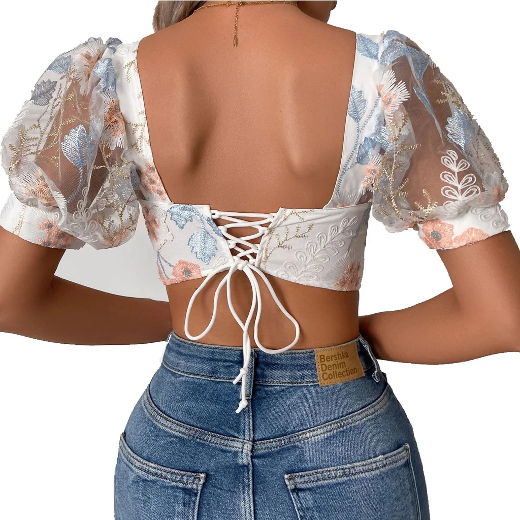 Sexy Summer Shaper Women\'s Corset Top Crop Blusa  Lingerie Frence Korean Embroidery Floral Lace Blouses Vintage Puff Sleeves Top