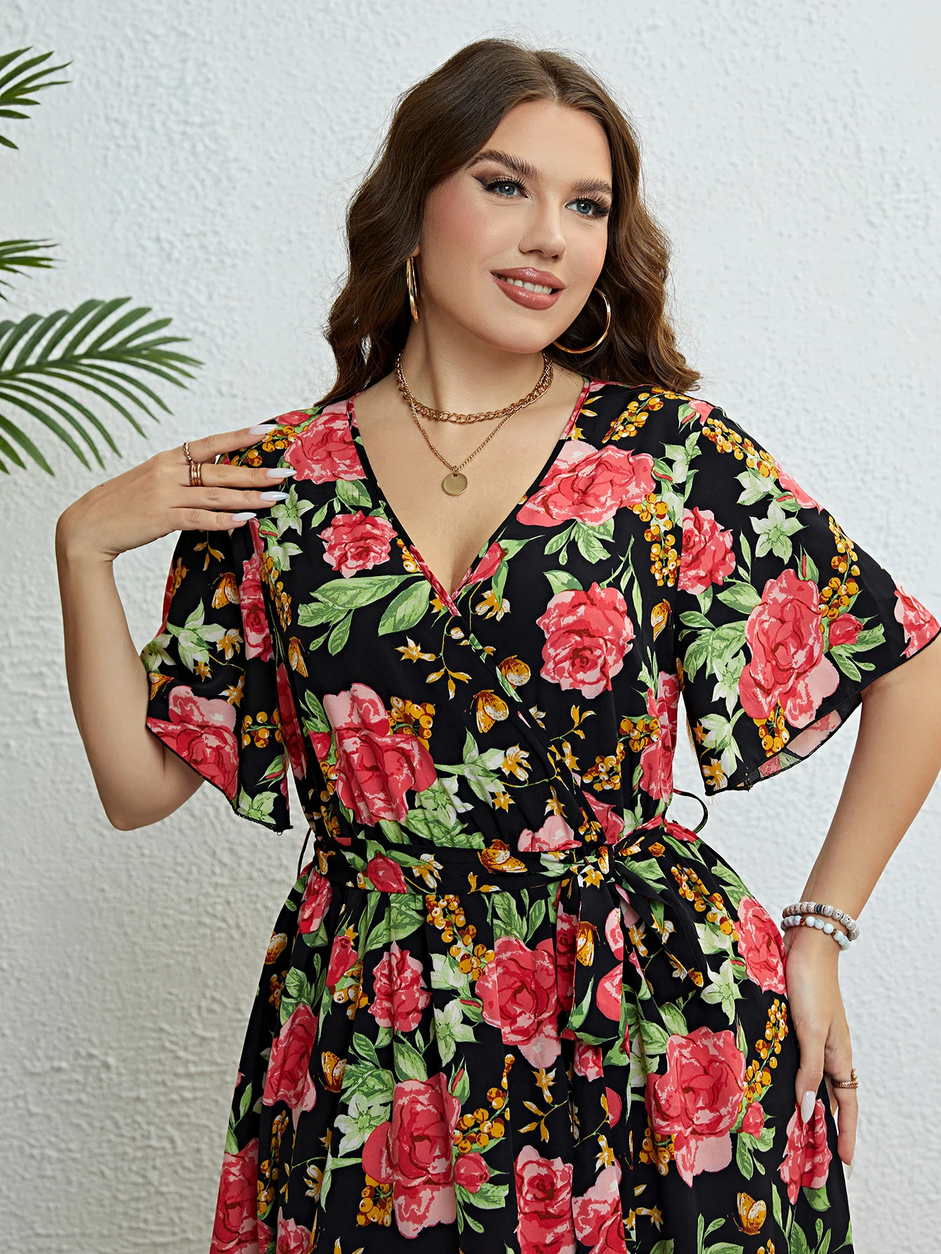 Della Mel Plus Size Floral Print V-Neck Butterfly Sleeve Belted Dress Women Summer Vacation Boho Beach A-line Midi Dresses 2023