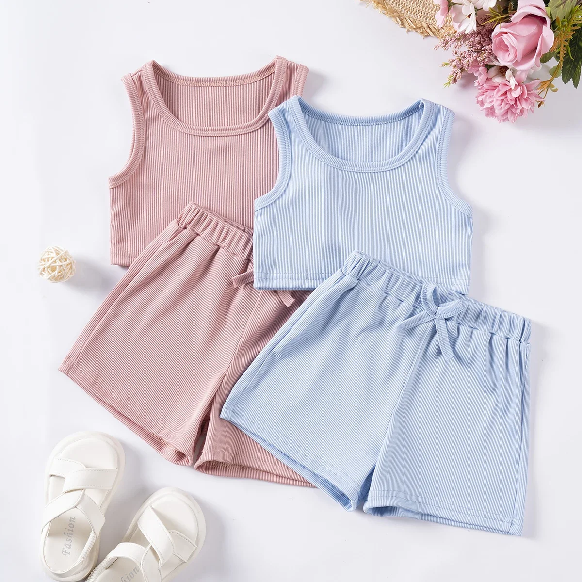 Toddler Girls Solid Color Tank Top Set Sleeveless Casual Summer Tank Top Shorts 2 Piece Set Toddler Girl Clothes 0-6Y