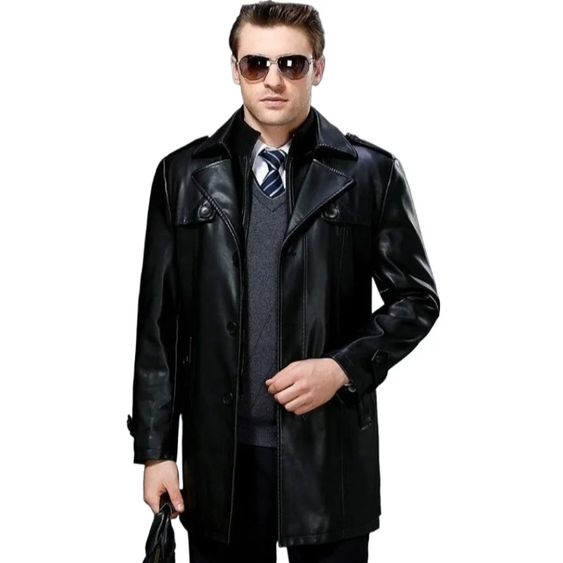 

2026 Autumn Winter Genuine Leather Men's Coat Middle-aged Thickened with Fleece Mid-length Sheepskin Windbreaker Style Jackets