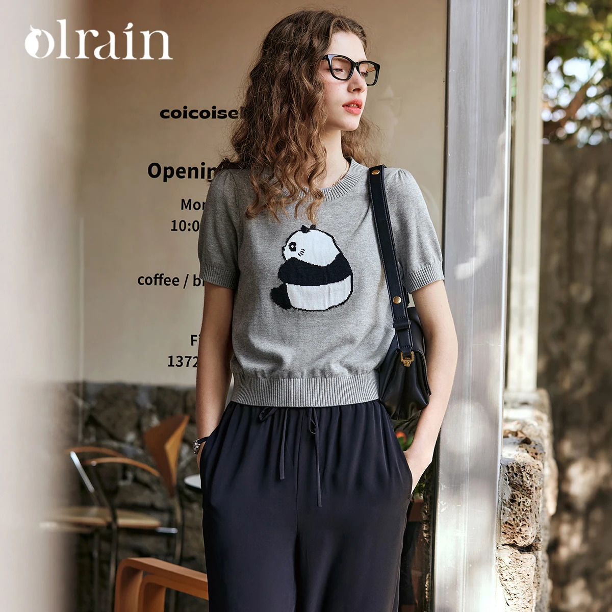 

OLrain Short Sleeve Pullovers Women French Knitted Sweaters Half Turtleneck 2026 Summer Panda Pattern Ladies Tops O24XZ86282