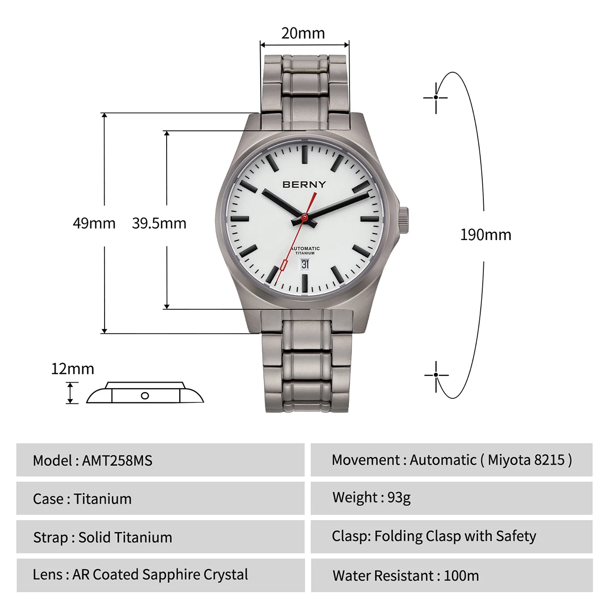 BERNY Titan-Automatikuhren für Herren, mechanische Armbanduhr, Saphirglas, voll leuchtendes Zifferblatt, 10 ATM wasserdicht, Herrenuhr – Detail 2