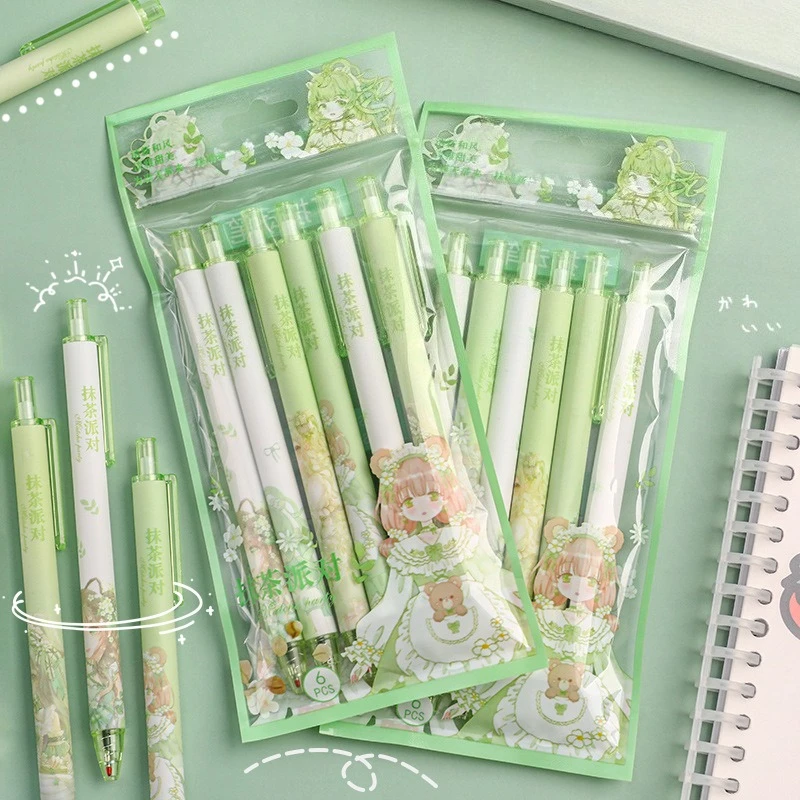 Kawai Schreibwaren-Set mit 6 Matcha Party Press Gel-Stiften Schnelltrocknende Wasserbasierte Schwarze Unterschriften-Stifte für Büro und Schule