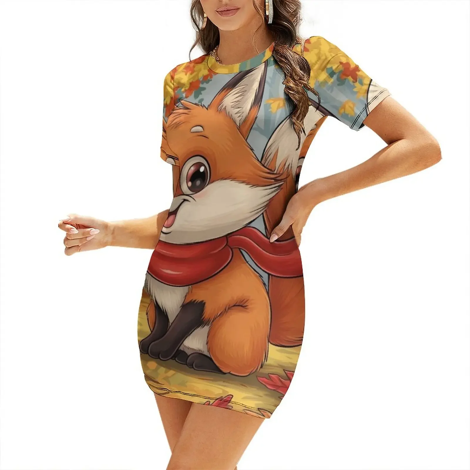 

Fall themed Autumn inspired cute fox wearing a scarf autumn themed Short-Sleeved Dress elegant women's sets Dress