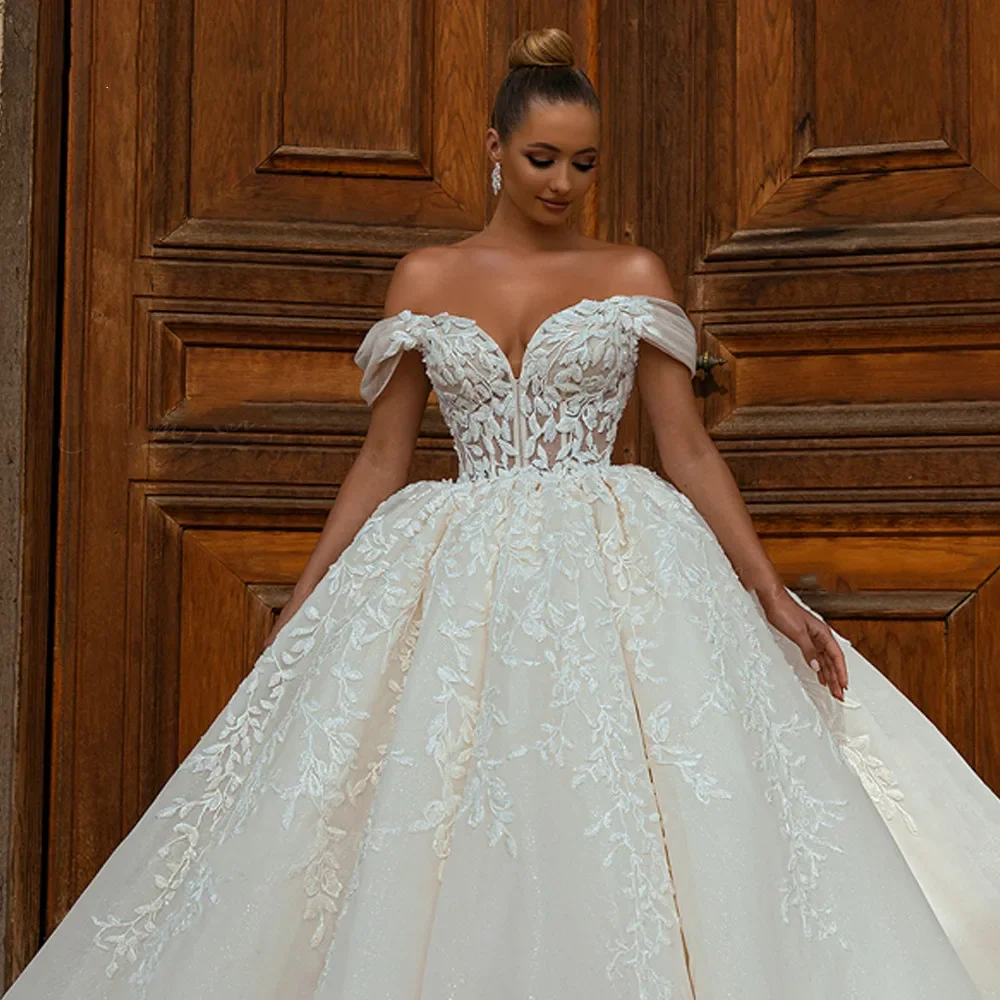 Vestidos De Novia brillantes con hombros descubiertos para mujer, elegantes vestidos De Novia De corte, vestidos De Novia De princesa De talla grande personalizados, 2024