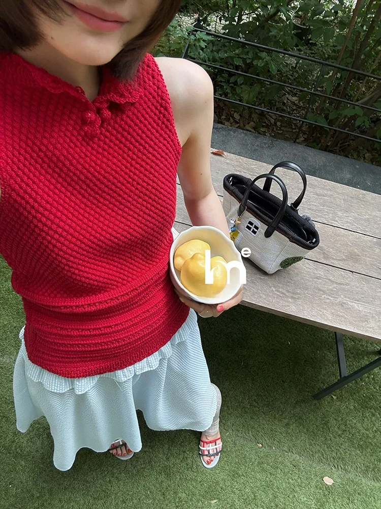 

Женский летний модный топ-майка EMH Heavyweight Pine Crochet Svel с маленьким воротником в стиле ретро