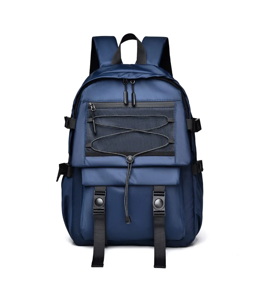 Navy blue tactical style backpack front elastic drawstring mesh pocket dual bottom plastic buckles anti splash large capacity