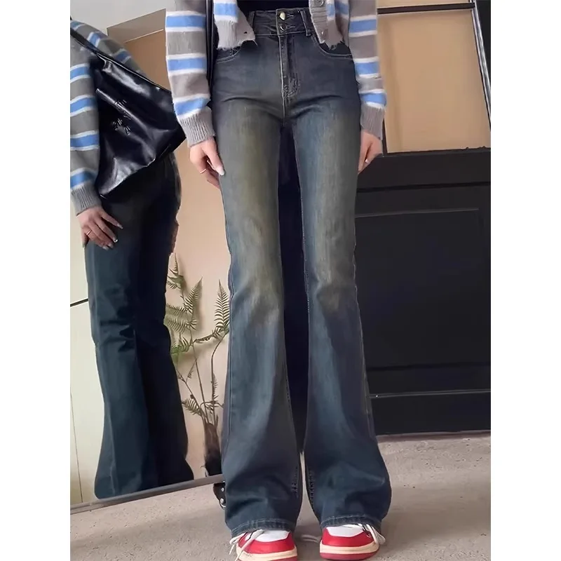 

High Waist Bell Bot Jeans Women's Spring Summer Cotton Stretch Denim Pants Floor Length Elastic Slimming Vintage Cement Color