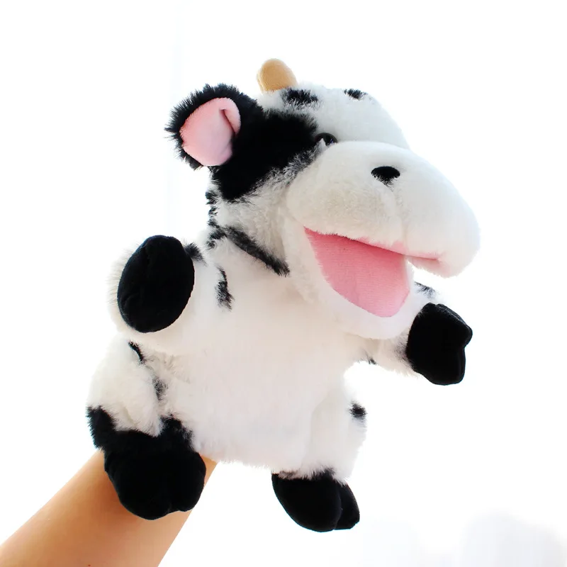 Boerderijdieren handpop melkkoe met open mond gevuld knuffel