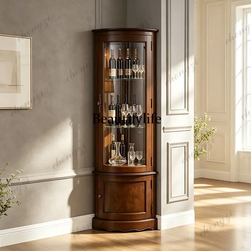 K153 American walnut solid wood corner cabinet curved glass door corner wine cabinet living room corner collection display