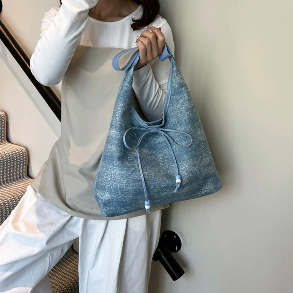 

Vintage Versatile Denim Axillary Bag Cloth Casual Bow Shoulder Bags High Capacity Commuting Canvas Tote Bag Girls