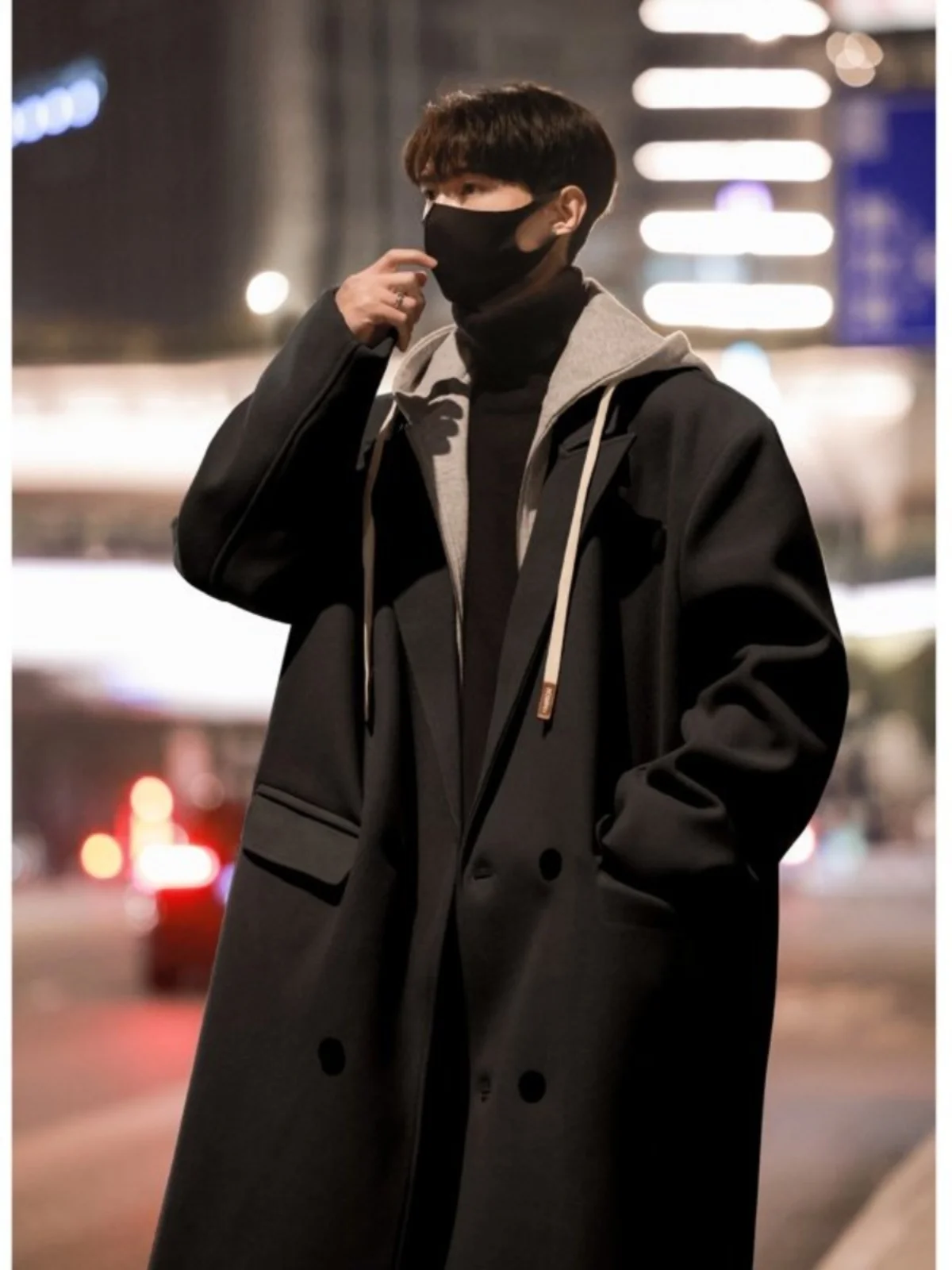 

Корейское мужское утепленное шерстяное пальто-ветровка ниже колена с капюшоном, весенне-осеннее, модное, повседневное, верхняя одежда