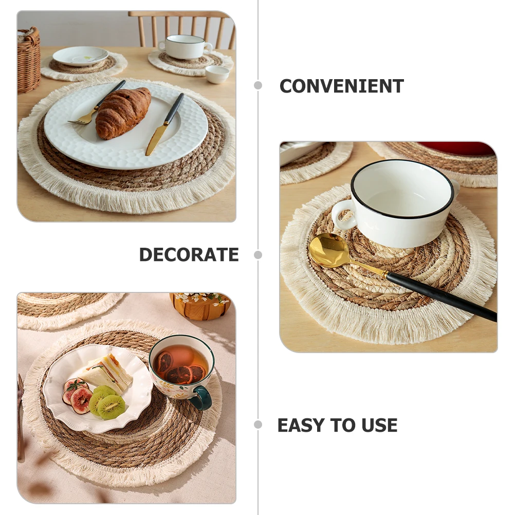 

2pcs Woven Placemat Grass Cotton Rope Heat Resistant Tableware Pad For Cups Bowls Plates Non-Slip Round Coaster Decorative Desk