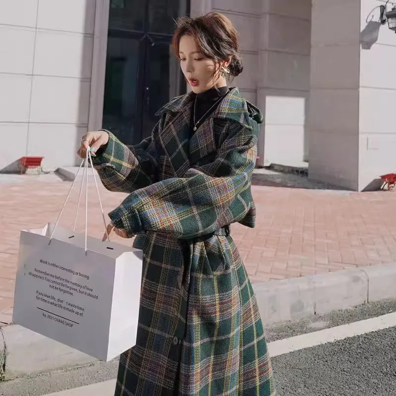 

Vintage Plaid Woolen Coat Women's 2024 Autumn/Winter New Korean Loose Lady Long Wool Coats With Fashion Style Belt Slim Overcoat