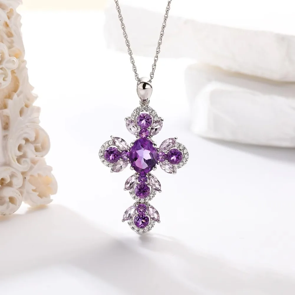 GZ ZONGFA  Purel 925 Sterling Silve Cross Pendant for Women 2.8ct Gems Natural Amethyst Chain Necklace Party Fine Jewelry