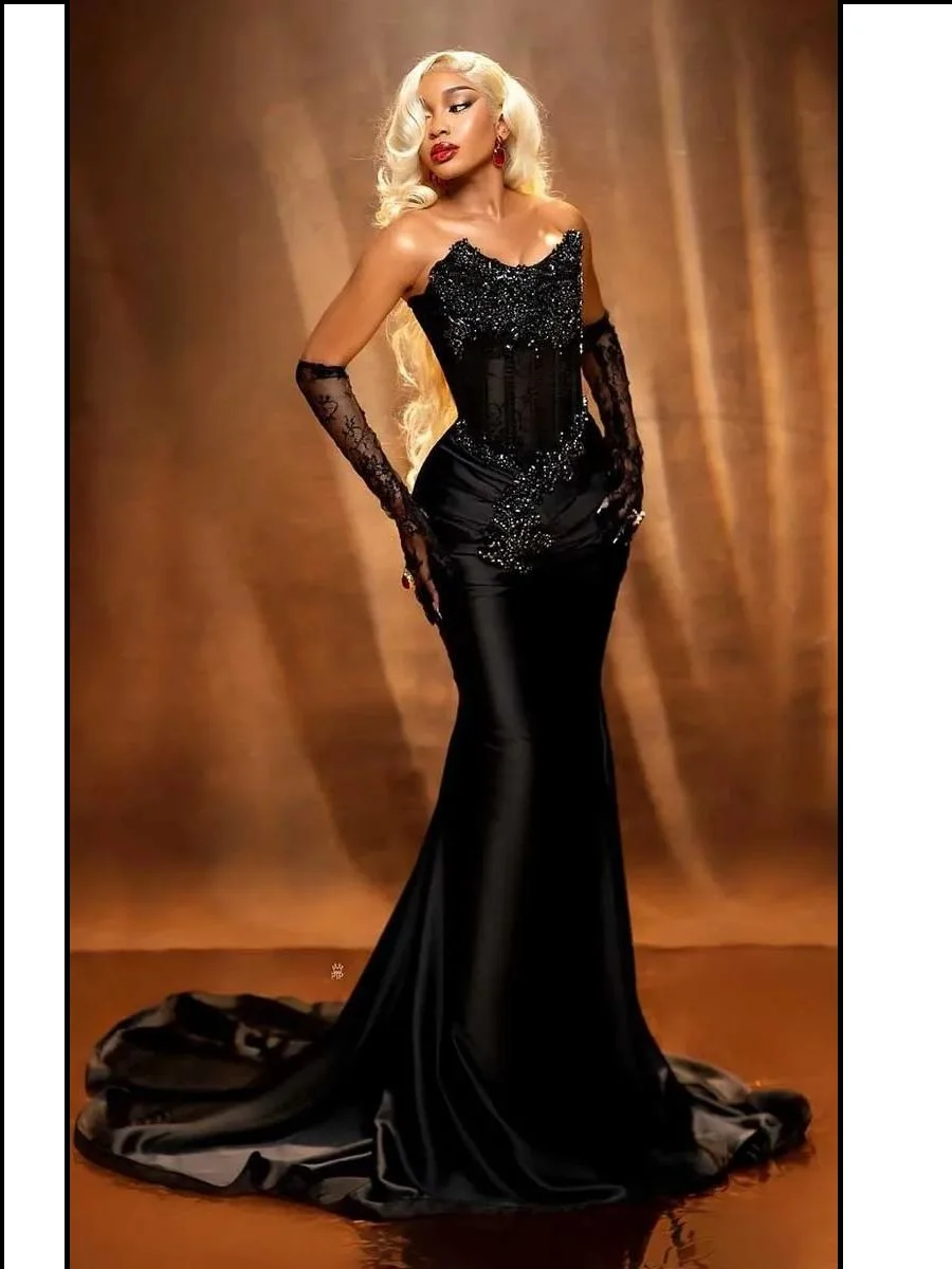 2026 New Black Women Evening Gown with Lace Sleeves Gloves Beaded Corset Formal Party Dress Elegance African Prom Dresses
