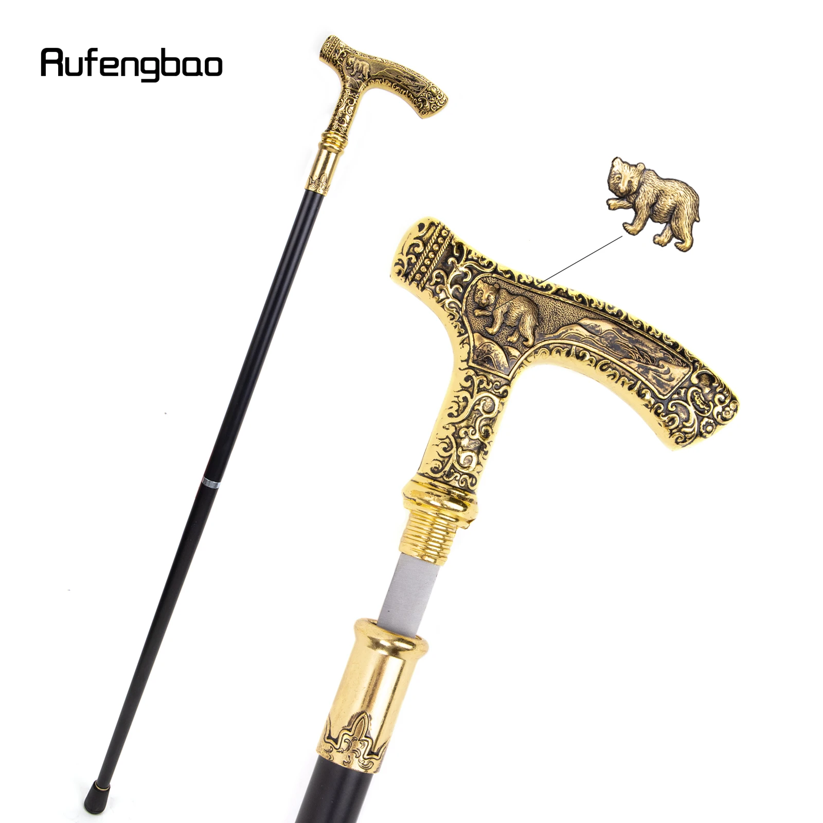 Gold Luxury Bear Handle Walking Stick with Hidden Plate Self Defense Fashion Cane Plate Cosplay Crosier Stick 90cm