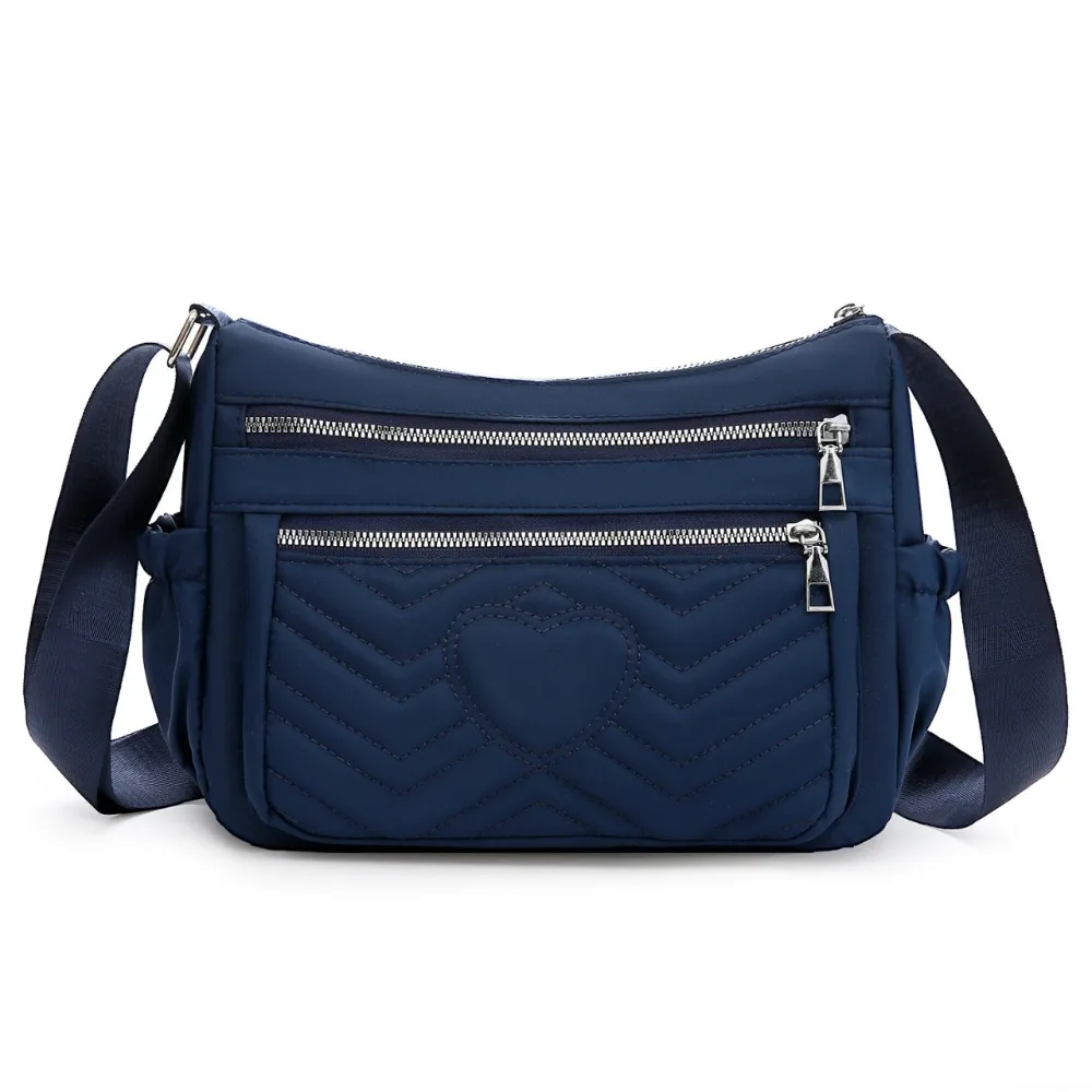 

Nylon Messenger Bags Heart Embroidery Multi Zipper Crossbody Pack Waterproof Solid Color Large Capacity Shoulder Bag Women Girls