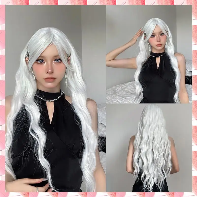 Parrucca lunga da donna con onda d'acqua Parrucca con frangia Parrucca setosa cosplay colorata bianca per le donne Festa quotidiana Capelli sintetici resistenti al calore -C