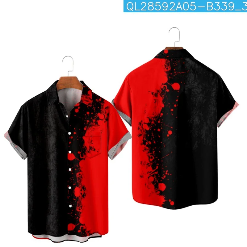 Casual Lapel Black And Red Print Patchwork Button Shirt Summer Men\'s Short-sleeved Hawaiian Shirt