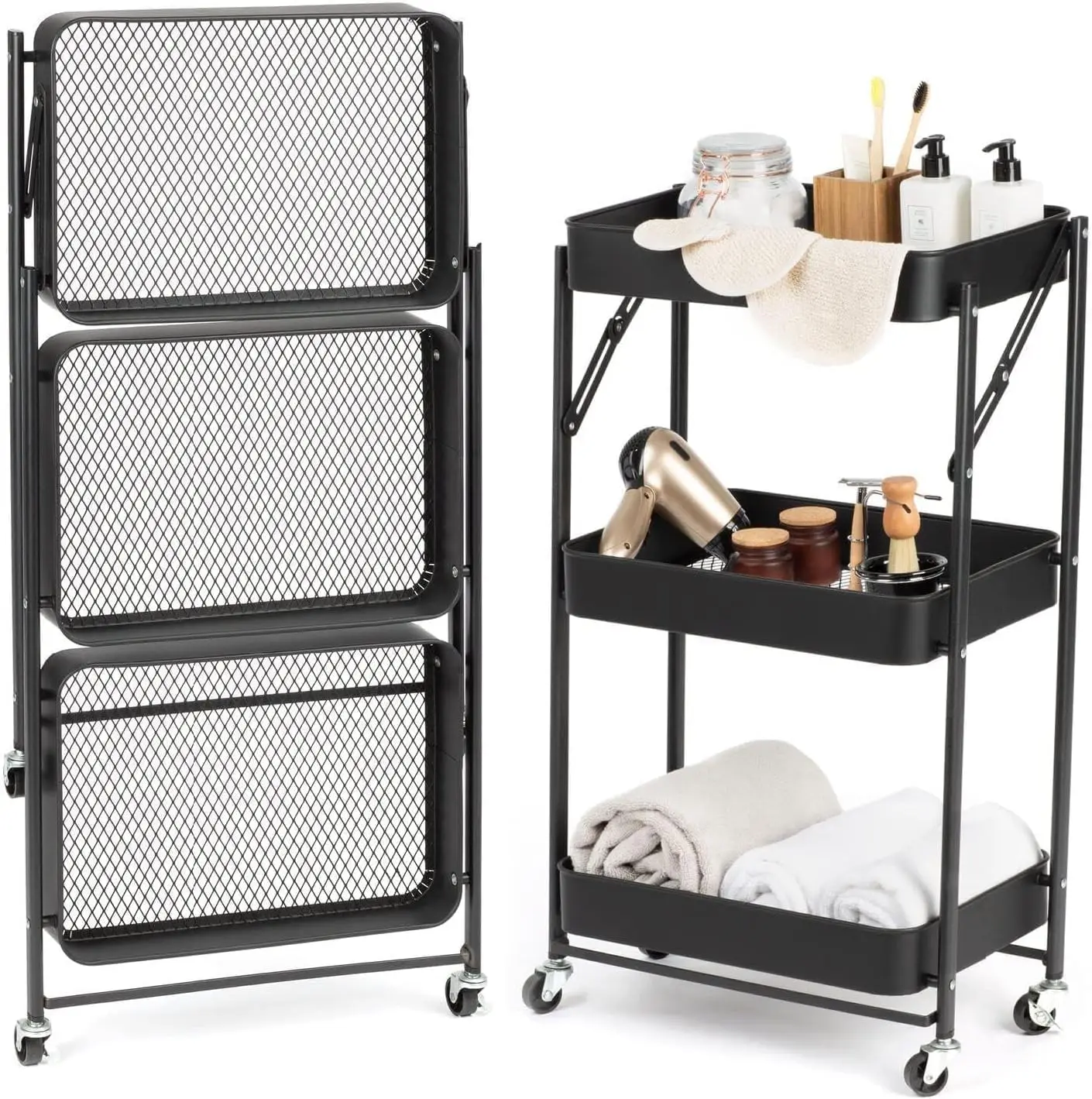 3 Tiers Foldable Storage Trolley Cart Kitchen utility carts Foldable Rolling Carts Trolley with Locking Wheels for Kitchen Multi