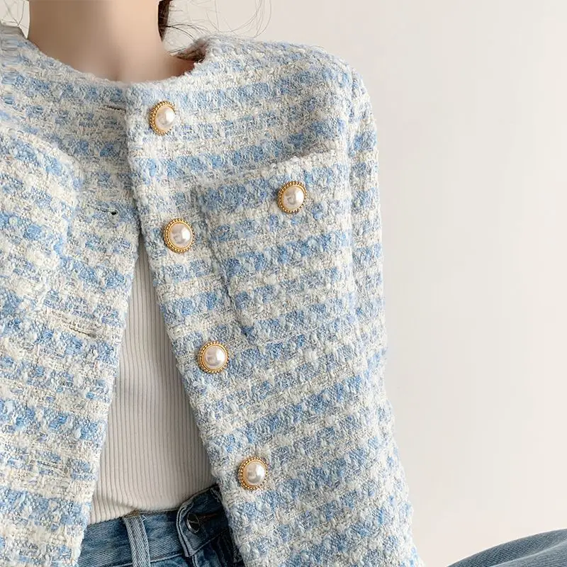 Tweed Jacket Women Pearl Buttons Long Sleeved Cropped Jacket Suit Short Overcoat Office Lady Women Clothing Retro Korean Coat