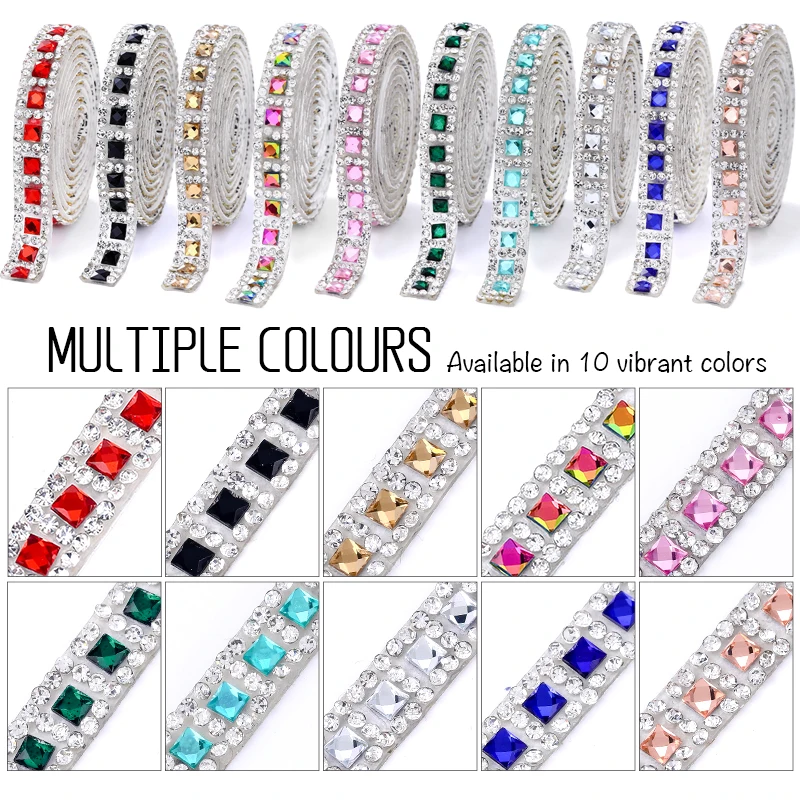 QIAO 2 Meter Selbstklebende Mehrfarbige Luxus-Quadrat-Strass-Besatzstreifen Kristallkette für DIY-Handwerk Schuhe Taschen Kleidung – Detail 1