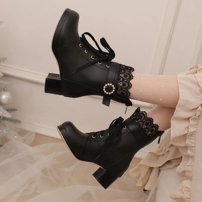 

Size 32-43 Girls Boots Women Lace Up Square Heel Platform Ankle Boots Sweet Bow Ruffles Girls Princess Cosplay Pink Lolita Shoes