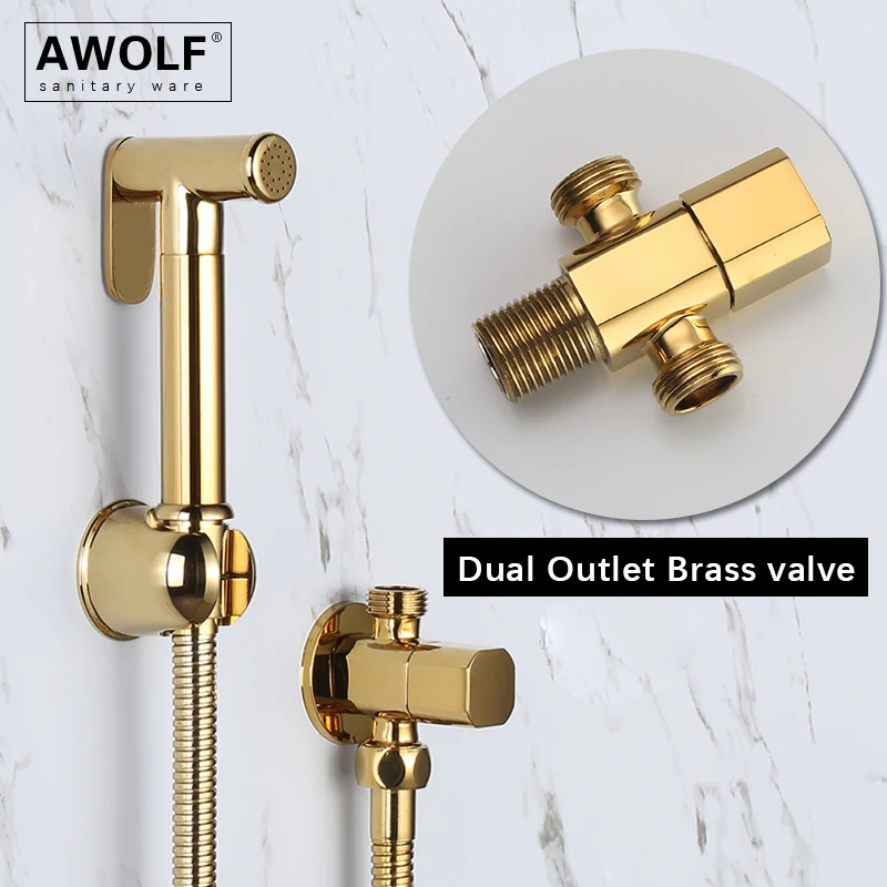 Awolf Titanium Gold Polishing Solid Brass Handheld Toilet Bidet Sprayer Set Hygienic Shower Head Angle Valve Anal Shower AP2264