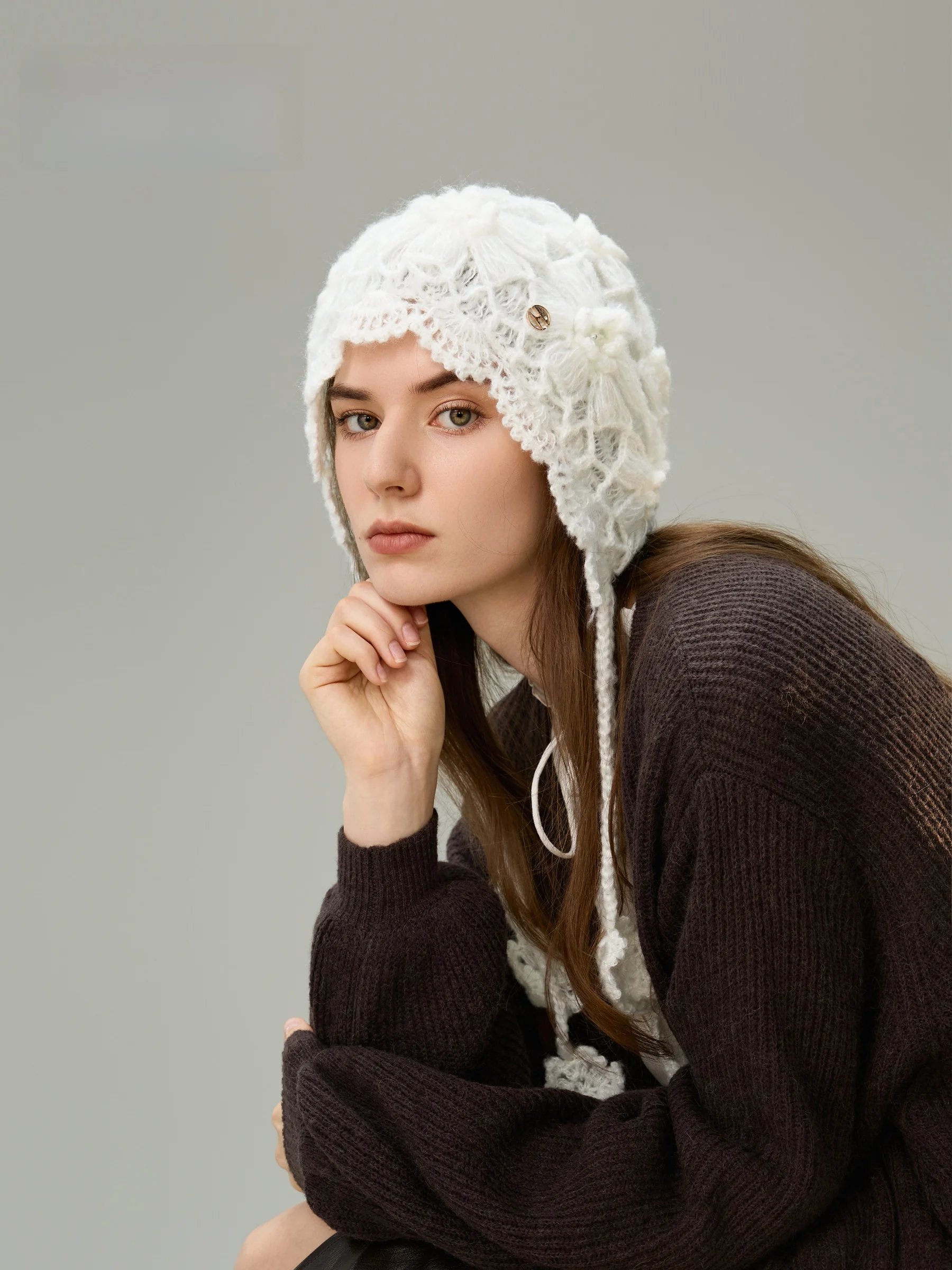 elle-手編みフラワーハット-薄手ニットウール-アウトドア-レディース-ファッション-オールマッチ-カジュアルスタイル-冬用ラウンドトップキャップ