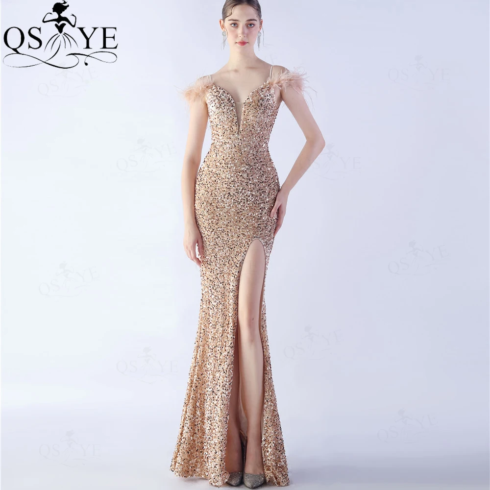 

Off Shoulder Gold Sequin Evening Dresses 2024 Mermaid Slit Ostrich Hair Prom Gown Backless Spaghetti Straps Women Formal Dress