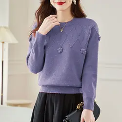 Tie Flowers Half High Collar Solid Color Autumn Winter Pullover Long Sleeve Sweater Knitted Women's Clothing Flattering Tops