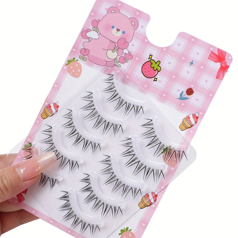 5 Pairs of Natural Looking False Eyelashes for Women's Fish Tail, 10-12mm C Curly, Transparent Stem Ultra-Fine Band, All Fairy W
