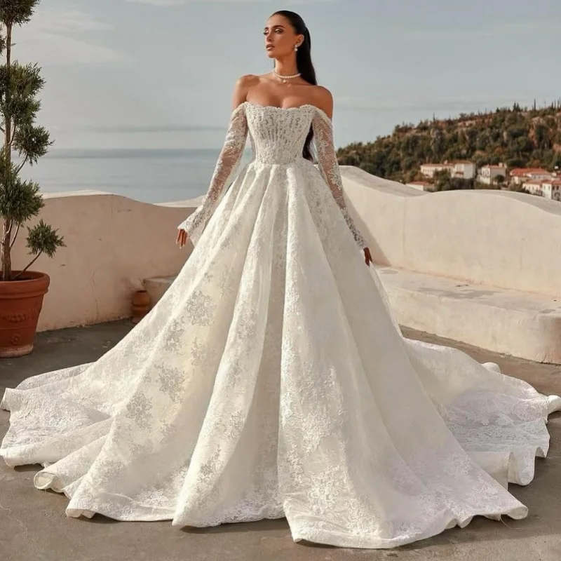 

customized ivory white Ball Gown Wedding Dresses For Women Shiny Beading Appliques Lace Wedding Gown Bow Vestidos De Novia