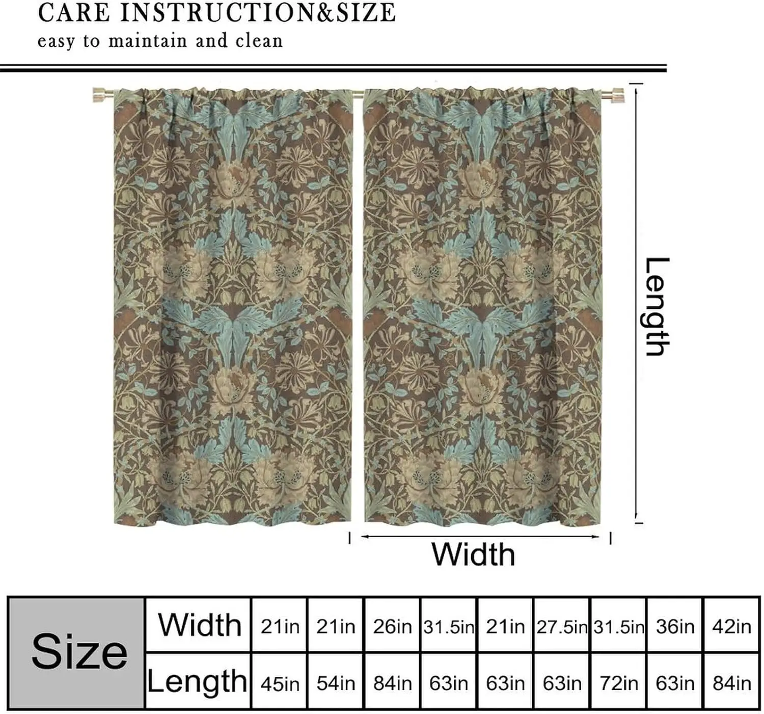 Retro Bohemian William Morris Plant Floral Blackout Curtains, Abstract Vintage Country Floral Leaf Pattern Window Drapes, for Li