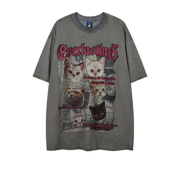 

Trendy American Washed Distressed Dark Style Short-sleeved T-shirts Men's High Street O-neck Printed Casual Loose Pullovers Tops