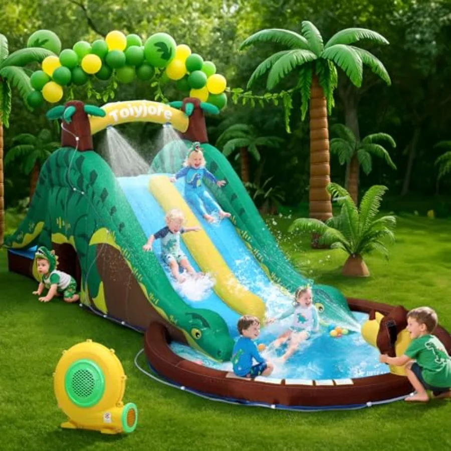 

Inflatable Water Slide with Splash Pool for backyard use, PVC material, blue-green color, dual slides and bounce house combo wi