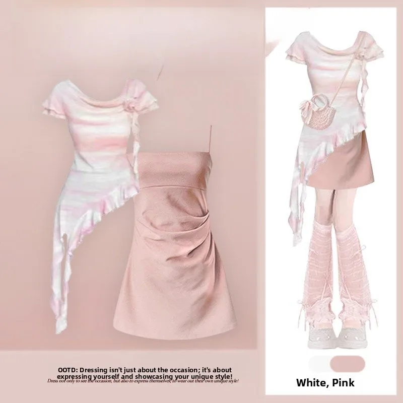 

Summer Hot Girl Pure Desire Style Short Sleeve Waist-Cinching Slimming Strap Dress Two-Piece Set Casual Wear for Young Women