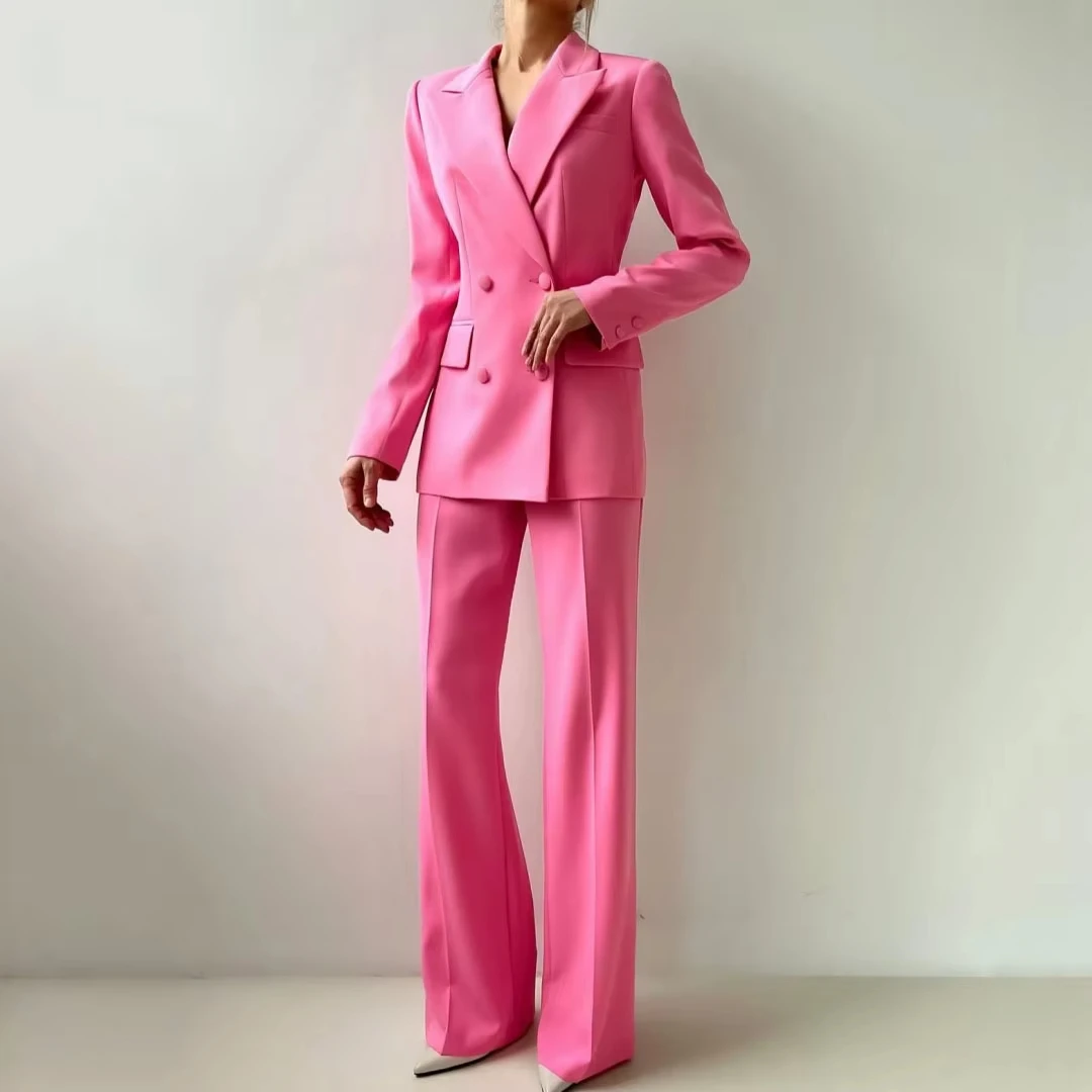 

Double Button Women Suit 2 Pieces Rose Pink With Lapel For Wedding Banquet Party Business Office Commute Daily Blazer And Pants