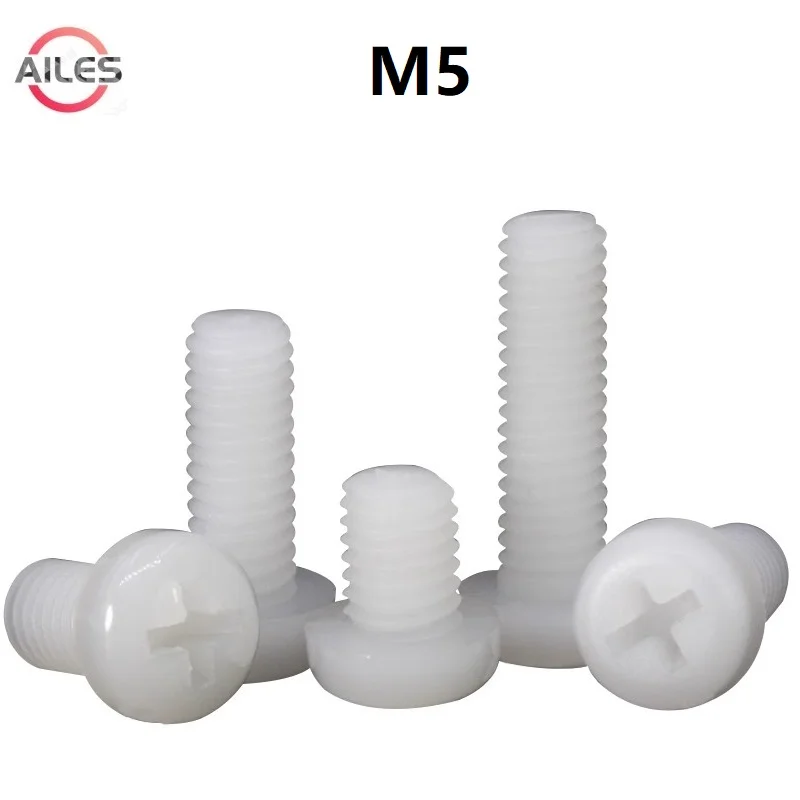 M5 White Nylon Phillips Pan Head Screws 5mm x 6 8 10 12 15 18 20 25 30 35 40 50mm PA66 Plastic Cross Recessed Round Head Bolts