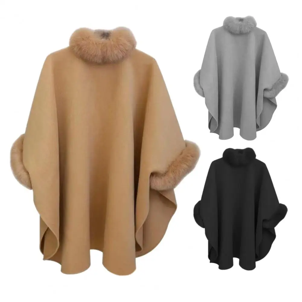 Winter Lady Cape Coat Thick Dolman Sleeves Stand Collar Faux Fur Poncho Solid Color A-line Wool Blend Coat Women's Clothing