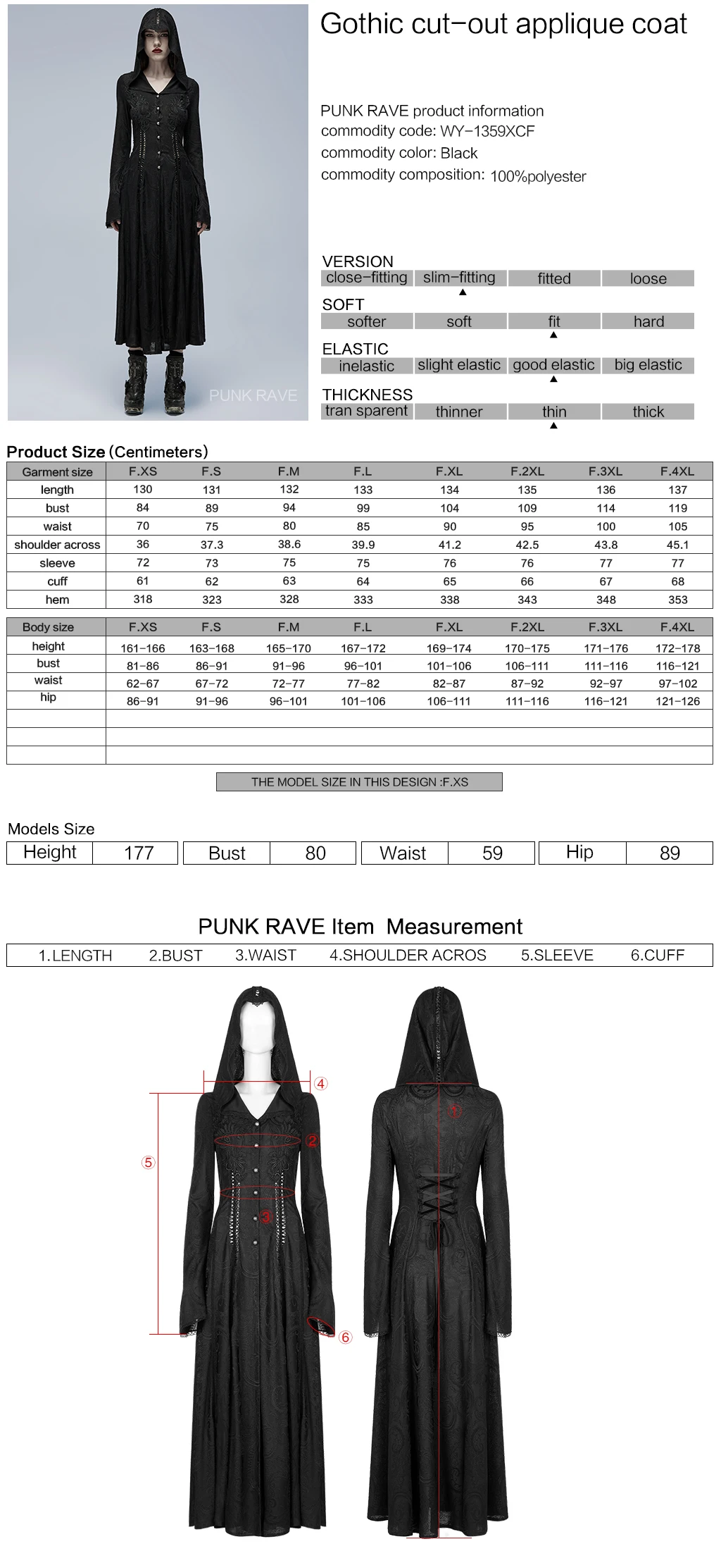 PUNKRAVE Women\'s Coat Gothic Cut-out Applique Coat Gorgeous Exquisitely Hooded Trumpet Cuffs Long Dress