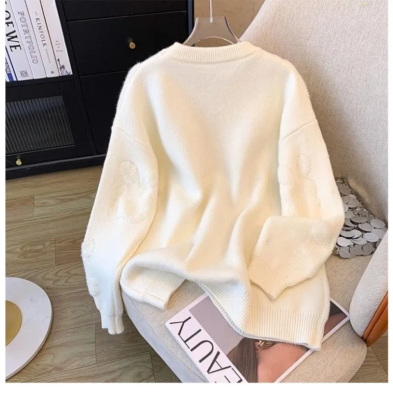 الخريف والشتاء جولة الرقبة البلوز سترة للنساء سميكة وفضفاضة تناسب جديد المألوف محبوك الدافئة الصوف قاعدة سترة #4