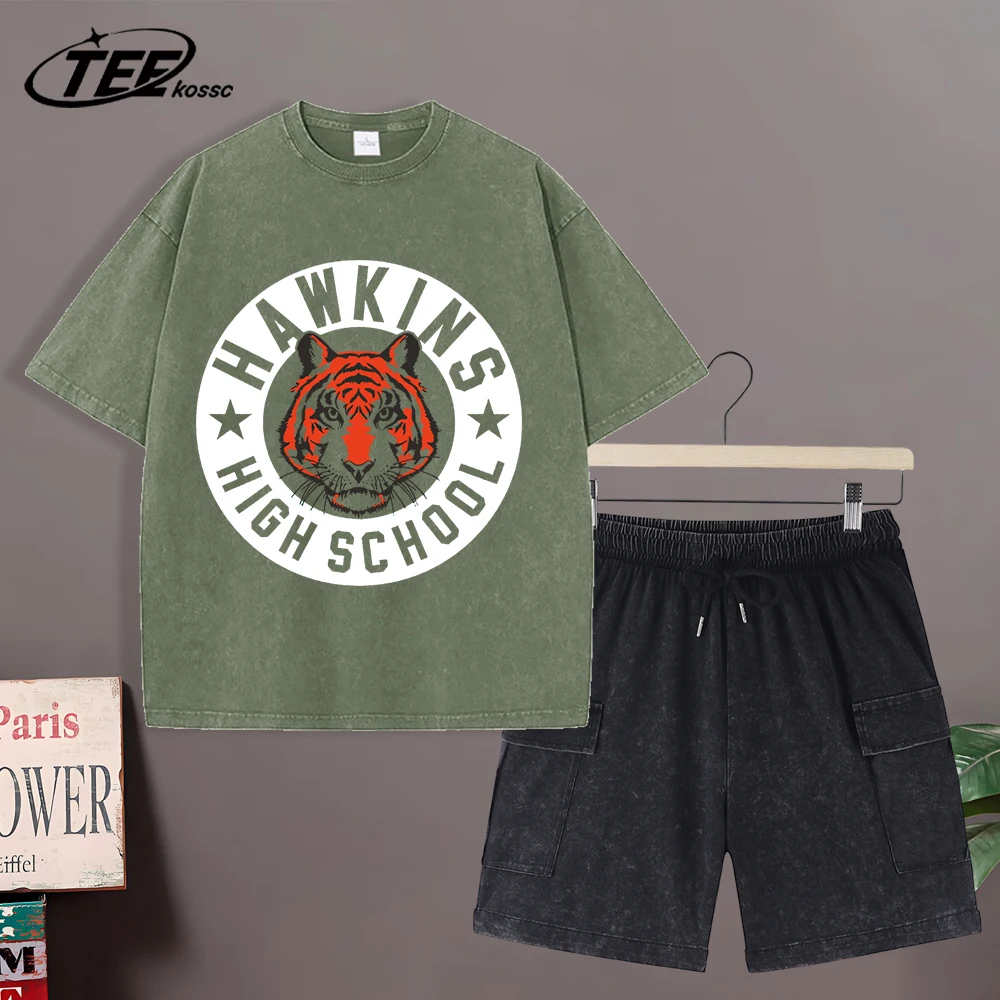 

Hawkins 1983 High School Washed Mens T-Shirt Summer Casual Fashion T-Shirts Sport Cotton Shorts Pants Unisex Retro Short Sleeve