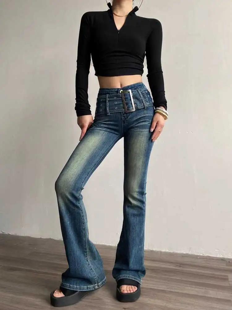 REDDACHiC 90s Retro Black Blue Belt Flare Jeans for Women Distressed Bootcut Pants High Waist Slim Fit Bell Bottoms Y2k Trousers