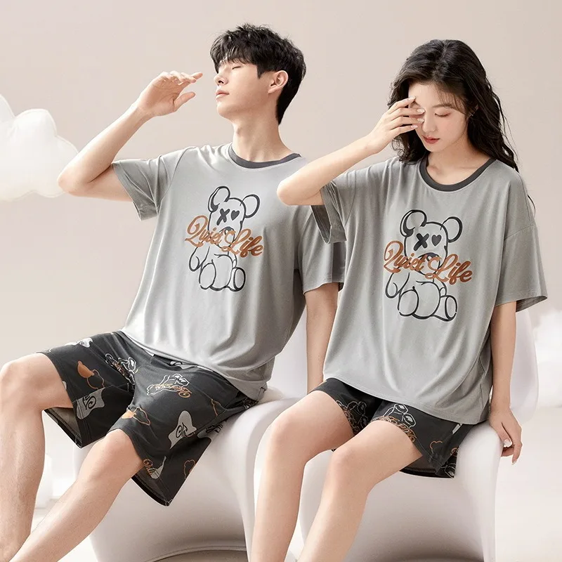 Rabbit Cartoon Modal Pajamas Set for Lovers Women and Men Matching Nightwear Short Sleeping Top & Shorts Pjs with Chest Pad