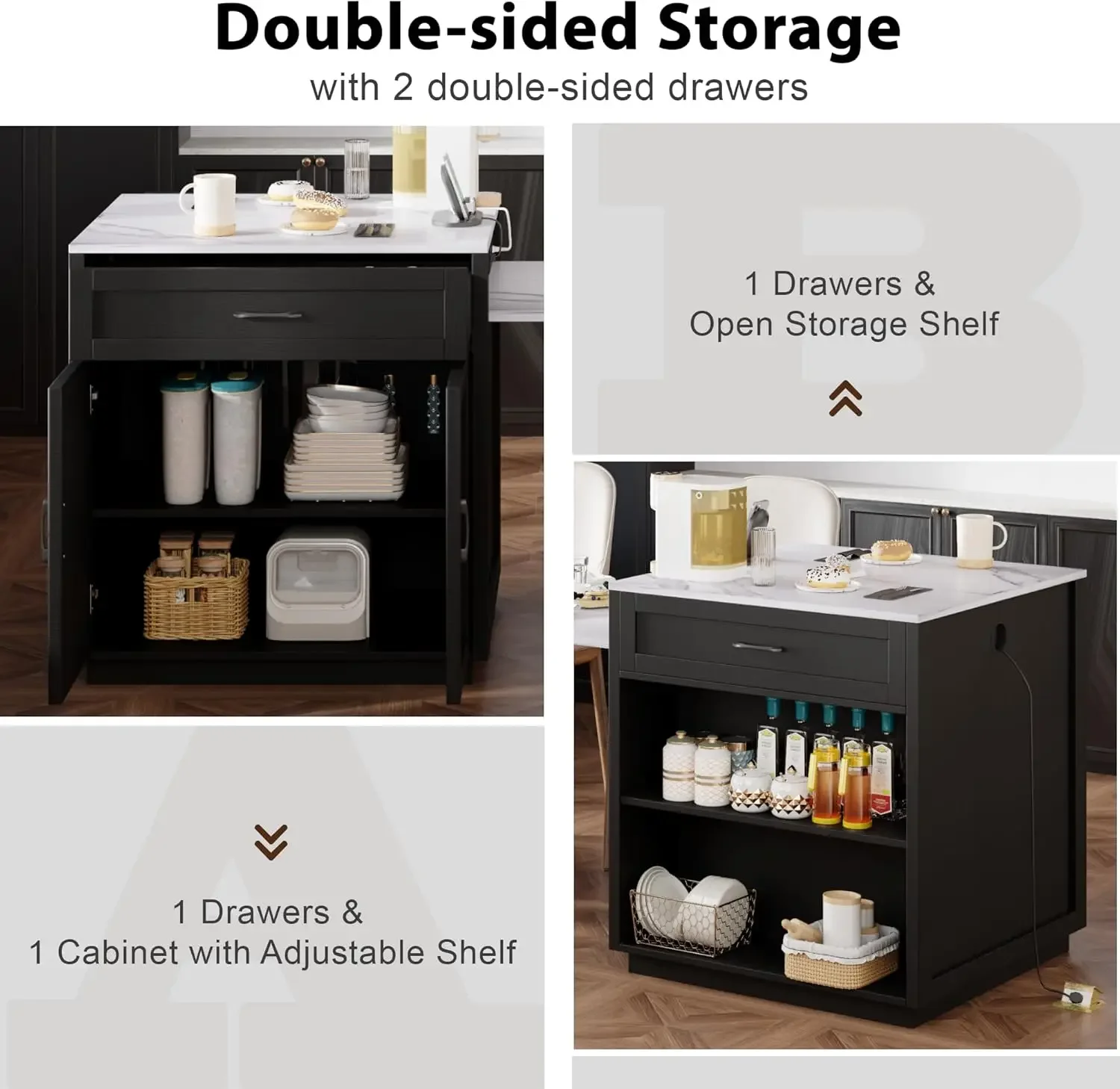 82.7'Faux Mable Kitchen Island with Double-Sized Storage, Kitchen Island with Extendable Dining Table for 4-6 Person