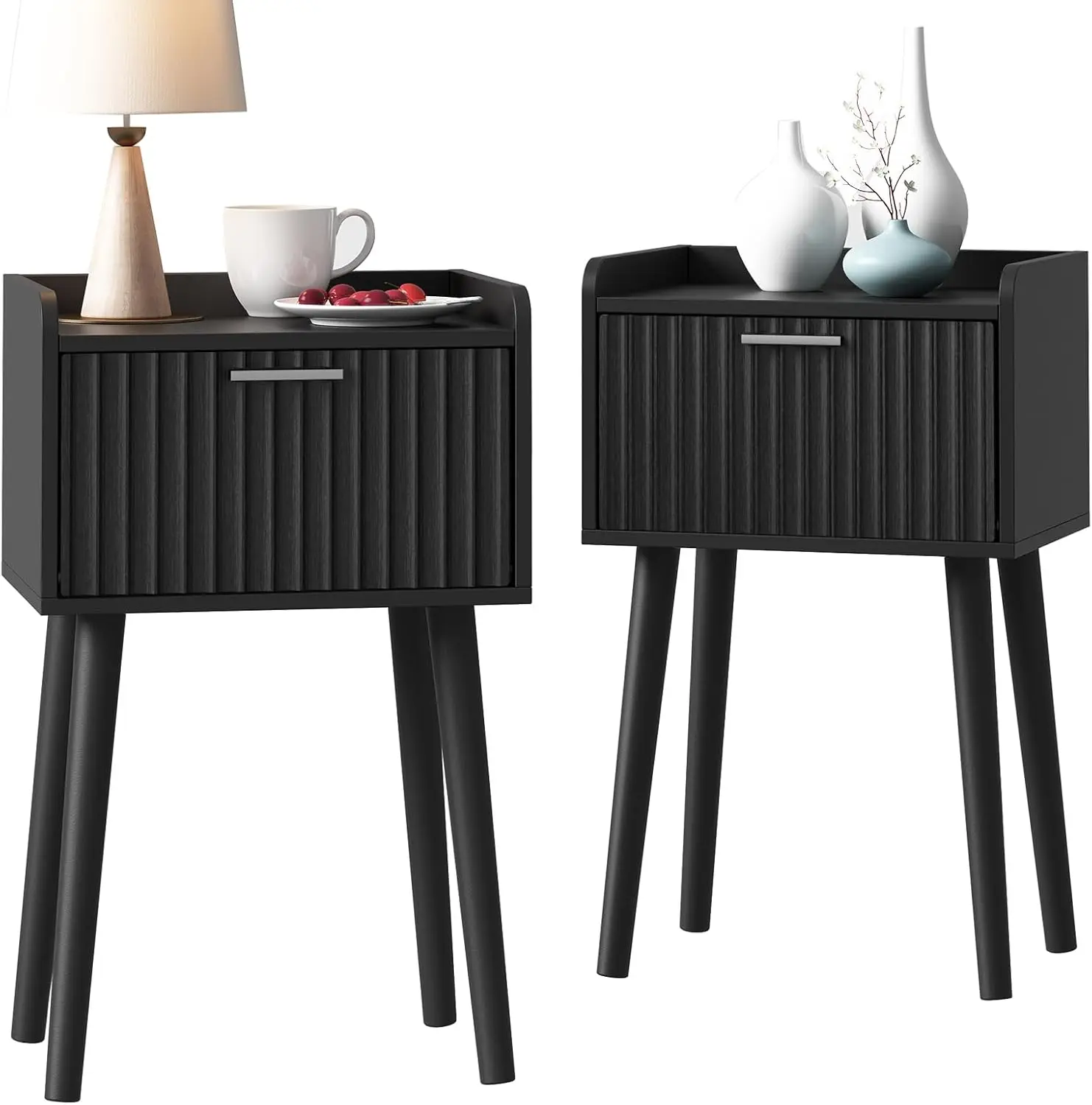 

Nightstand Set Of 2, Small Bed Side Table With Fluted Door, End Table With Solid Wood Legs, Mid-Century Bedside Table