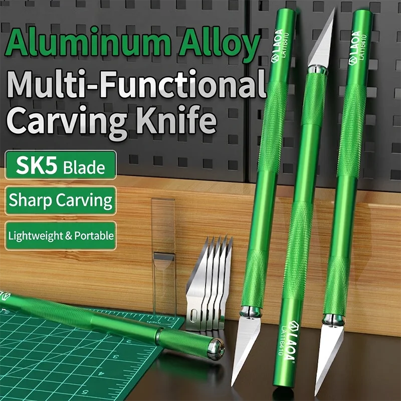 LAOA Portable Aluminum Alloy Craft Carving Knife, Sharp SK5 Blade Multi-functional Hand Engraving Tool with 5 Spare Blades