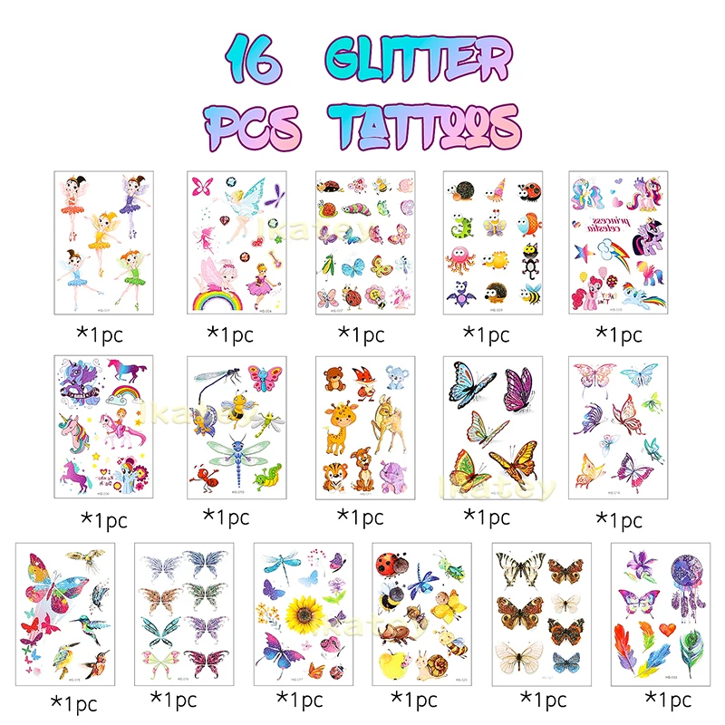 16 Sheets Glitter Tattoos for Kids Assorted Temporary Tattoos Butterfly Unicorn Waterproof Arm Hands Children's Tattoo Stickers